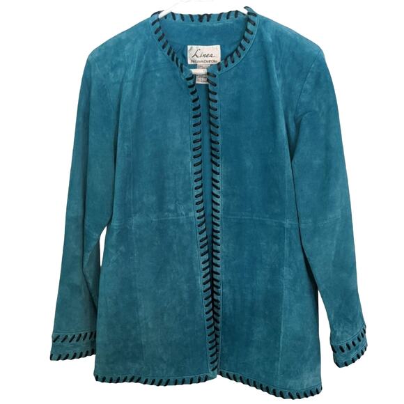 Vintage Linea by Louis Dell'Olio Suede Jacket Turquiose Black Whip Stitch Edge - Picture 1 of 4